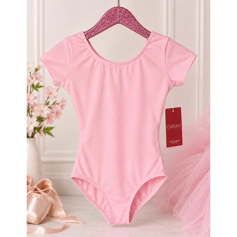 Capezio Leotard Kids Large Pink New Short Sleeve Scoop Neck Dancewear J220